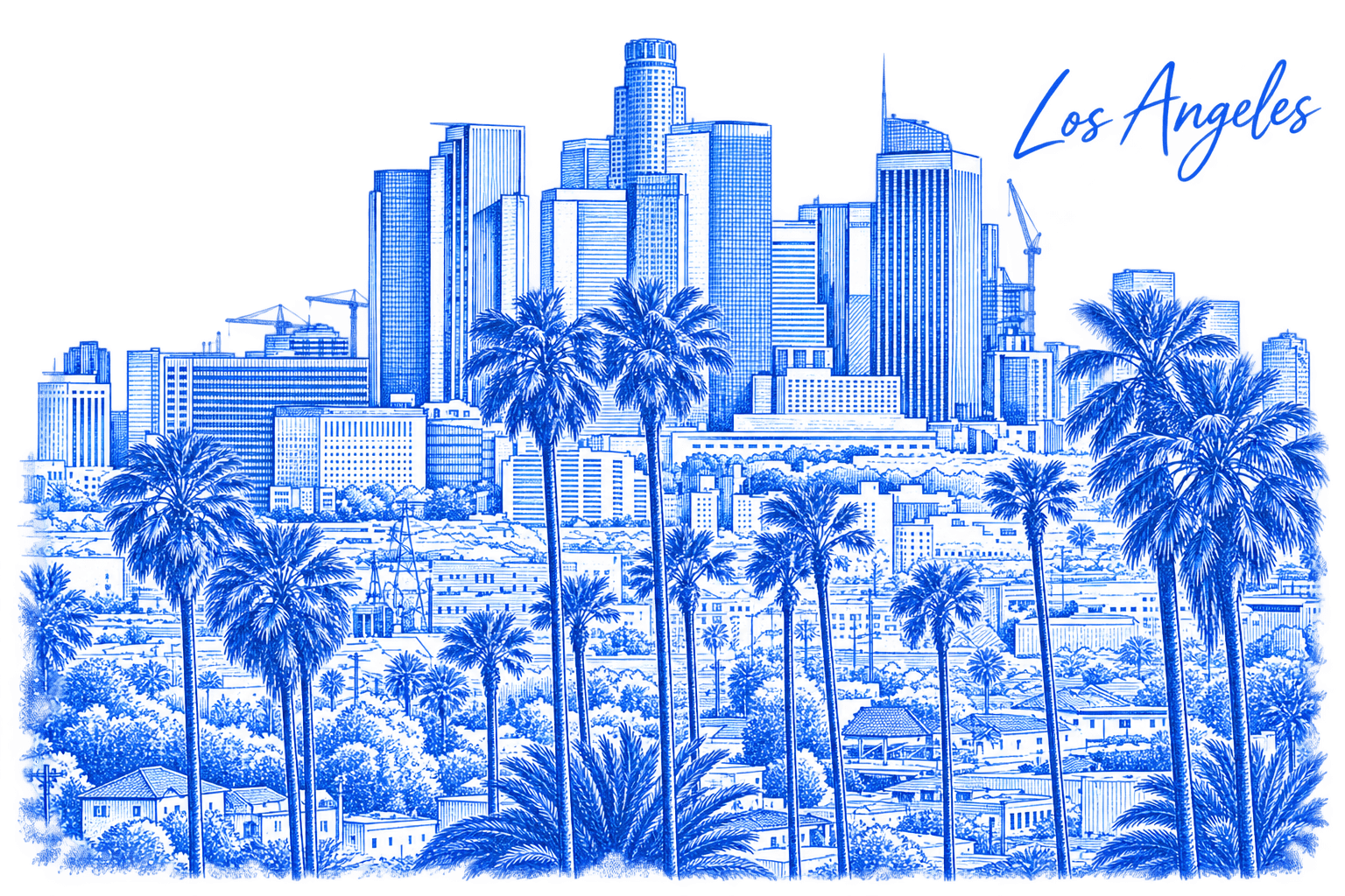 Blue pen-and-ink sketch of the Los Angeles skyline, with detailed downtown skyscrapers and foreground palm trees